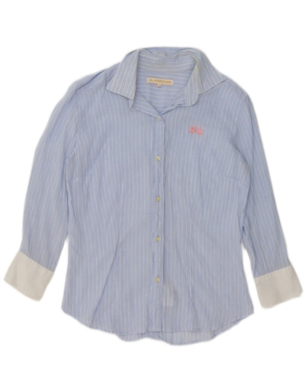 La Martina Womens 3/4 Sleeve Shirt UK 16 Large Blue Pinstripe Linen