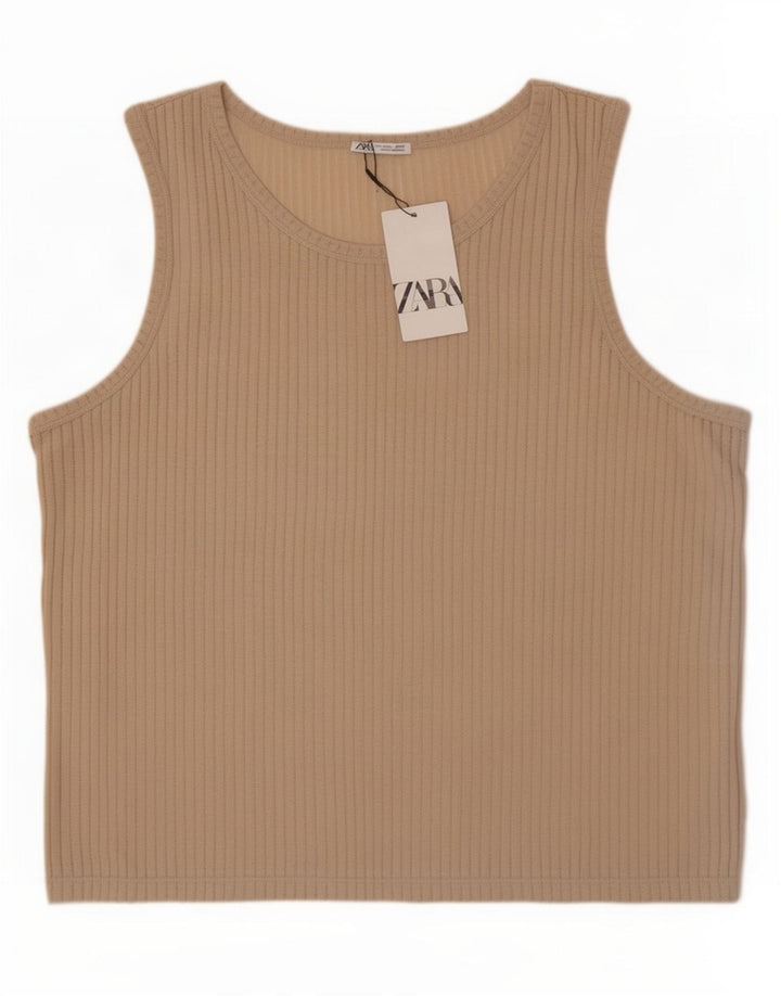 Zara Herre Se Gennem Vest Top Stor Beige Polyester