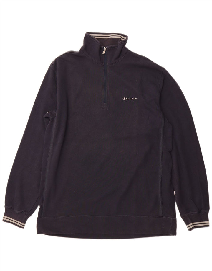 CHAMPION Mens Zip Neck Sweatshirt Jumper 2XL Navy Blue Cotton