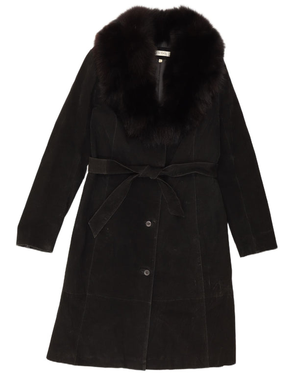 Vintage Womens Suede Overcoat IT 46 Large Black Leather