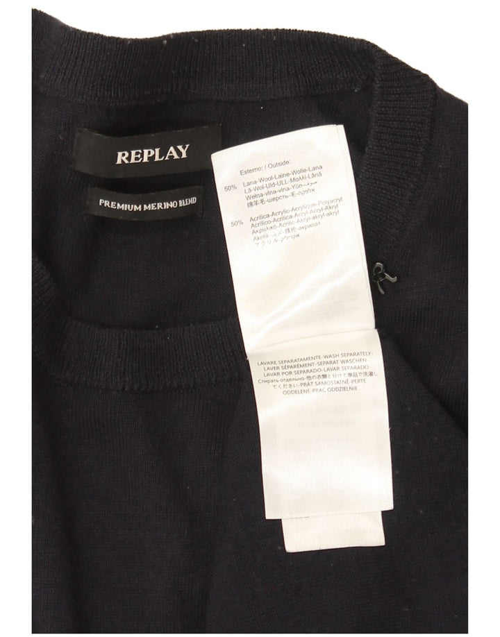 Replay Herre Crew Neck Jumper Sweater Medium Navy Blue Merino Wool