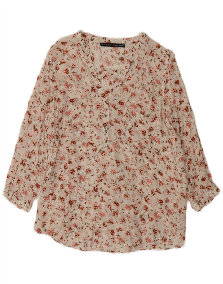 Zara Dame 3/4 ærmet bluse Top UK 14 Medium White Floral