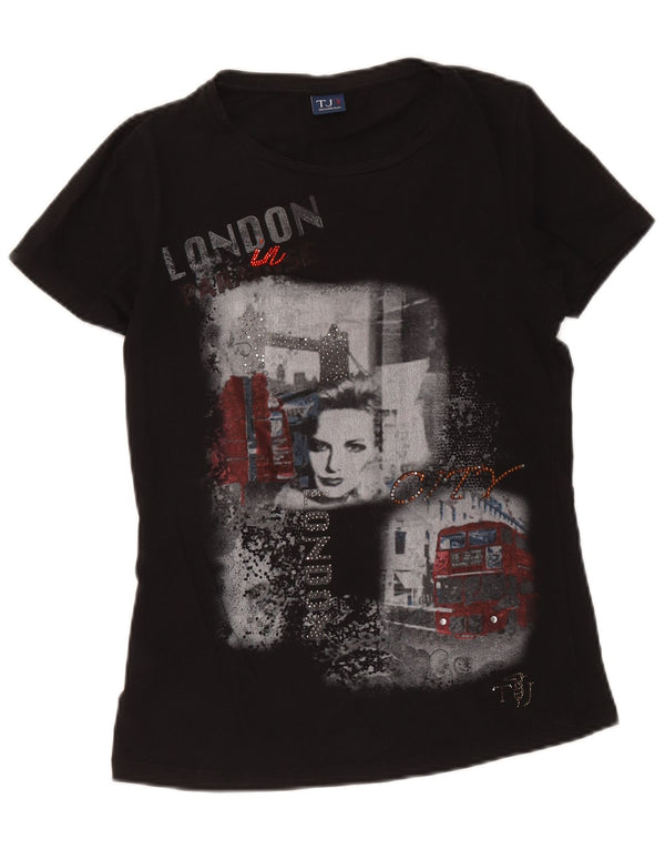 Trussardi Jeans Dame Grafisk T-Shirt Top UK 10 Lille Sort