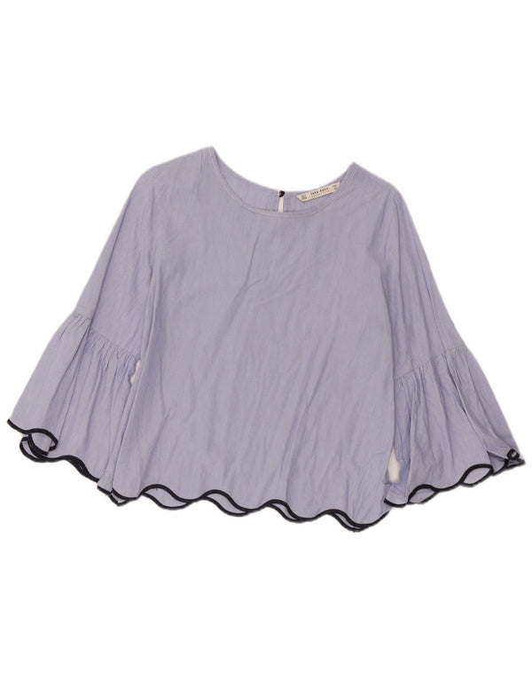 Zara Womens Crop 3/4-ærmet blusetop UK 14 Mellemblå stribet
