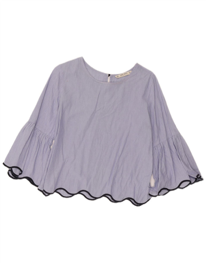 Zara Womens Crop 3/4-ærmet blusetop UK 14 Mellemblå stribet