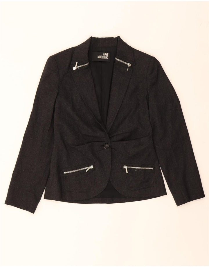 MOSCHINO Womens 1 Button Blazer Jacket UK 8 Small Grey Wool Vintage Moschino and Second-Hand Moschino from Messina Hembry 