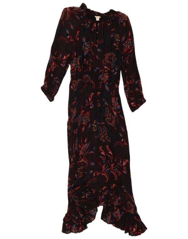Monsoon Dame Langærmet Asymmetrisk Maxi Kjole UK 14 Medium Sort Paisley