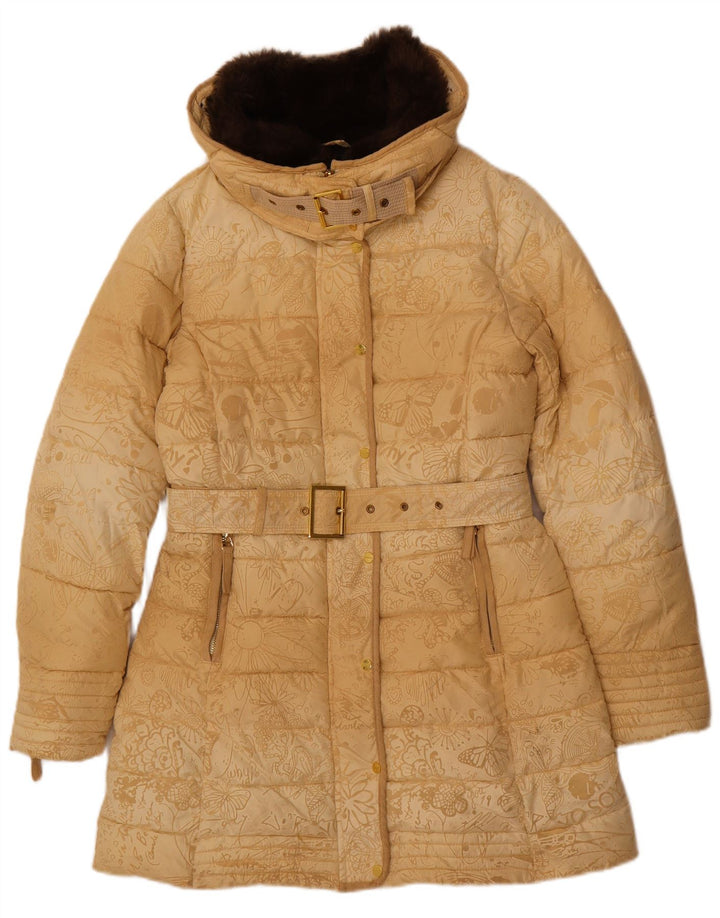 DESIGUAL Womens Padded Coat EU 40 Medium Beige Floral Polyester Butterfly