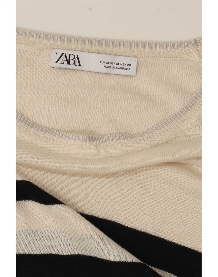Zara Dame Boat Neck Jumper Sweater UK 14 Medium Hvid Stribet