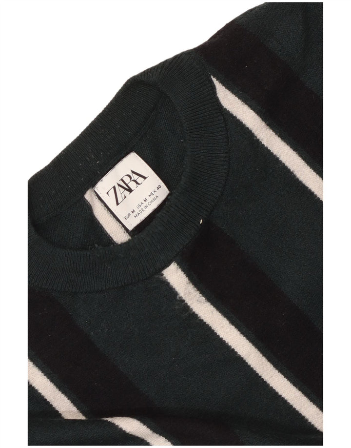 Zara Herre Crew Neck Jumper Sweater Medium Grøn Stribet