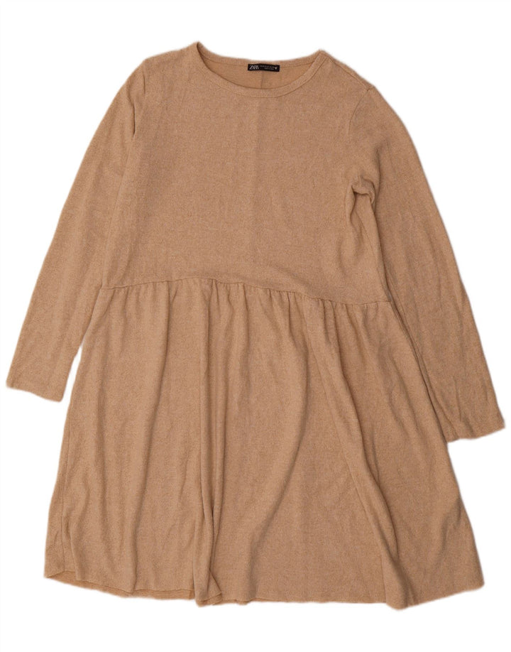 Zara Dame Langærmet Jumper Kjole UK 14 Medium Beige Polyester