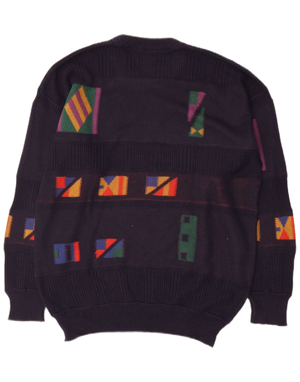 Vintage herre rund hals sweater 2XL marineblå geometrisk