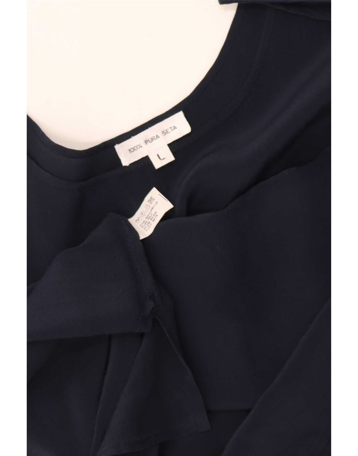 Vintage Dame bluse Top UK 16 Large Navy Blue Silk