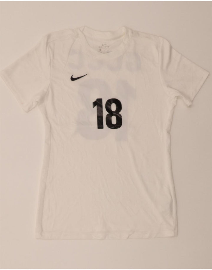 NIKE Womens Dri Fit Graphic T-Shirt Top UK 10 Small White Polyester Vintage Nike and Second-Hand Nike from Messina Hembry 