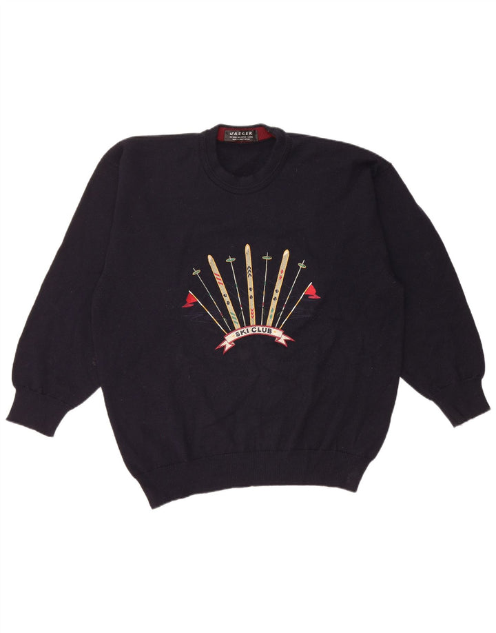 Jaeger Herre grafisk rund hals sweater stor marineblå uld