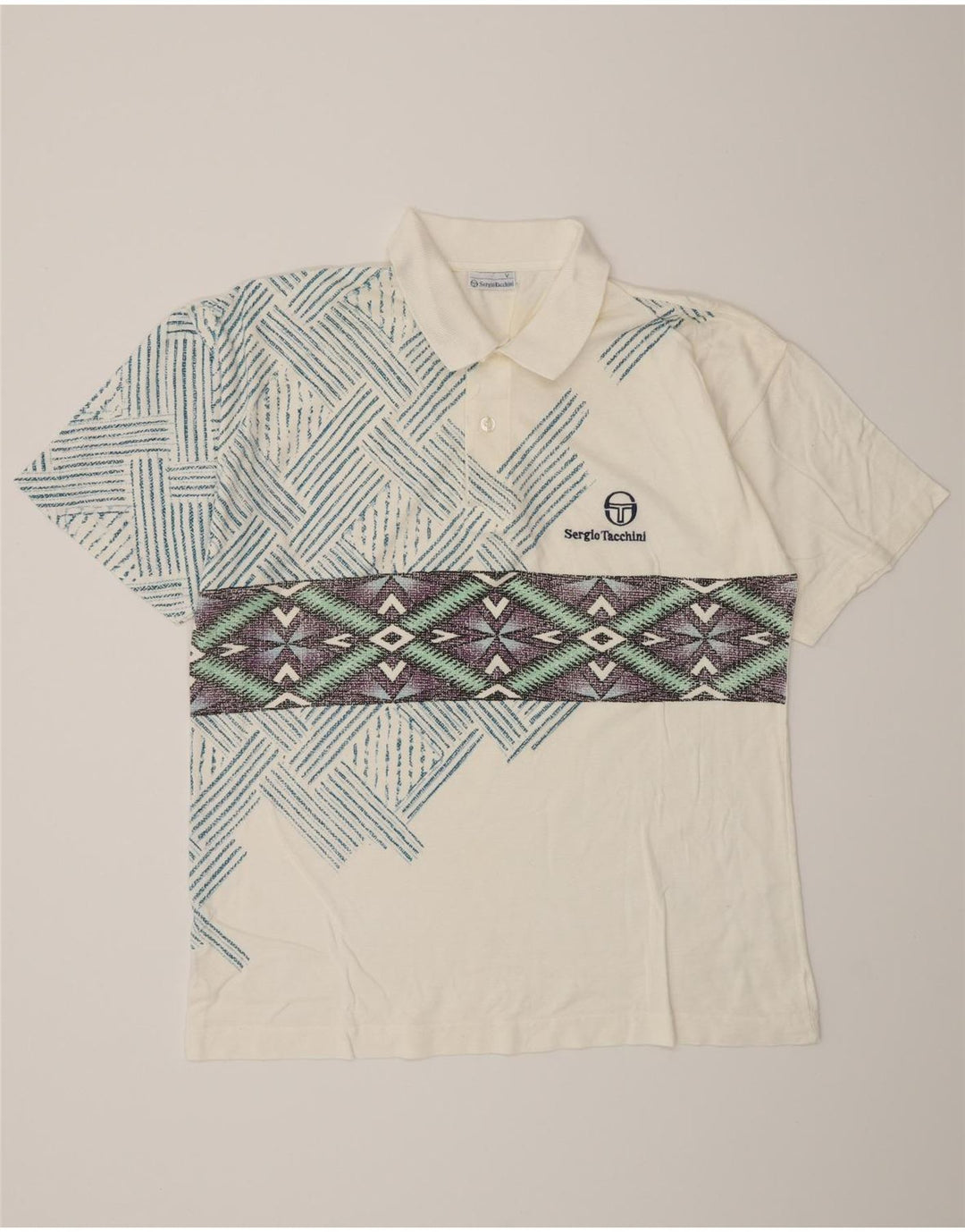 Sergio Tacchini Herre poloshirt IT 50 Medium Hvid Geometrisk Bomuld