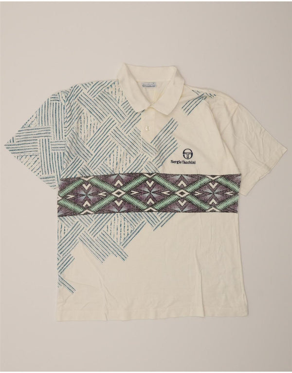Sergio Tacchini Herre poloshirt IT 50 Medium Hvid Geometrisk Bomuld