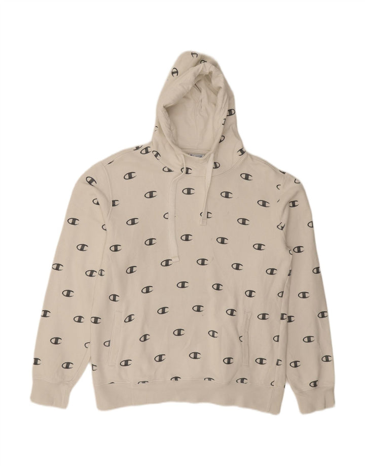 CHAMPION Mens Graphic Hoodie Jumper Large White Cotton