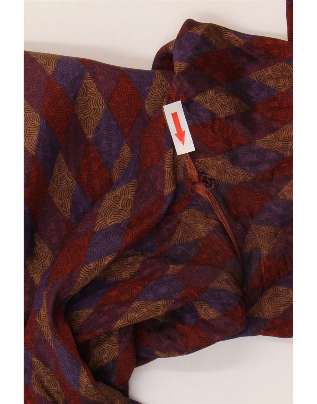 Vintage Dame Front Tie Shirt Bluse UK 16 Large Red Geometric Silk