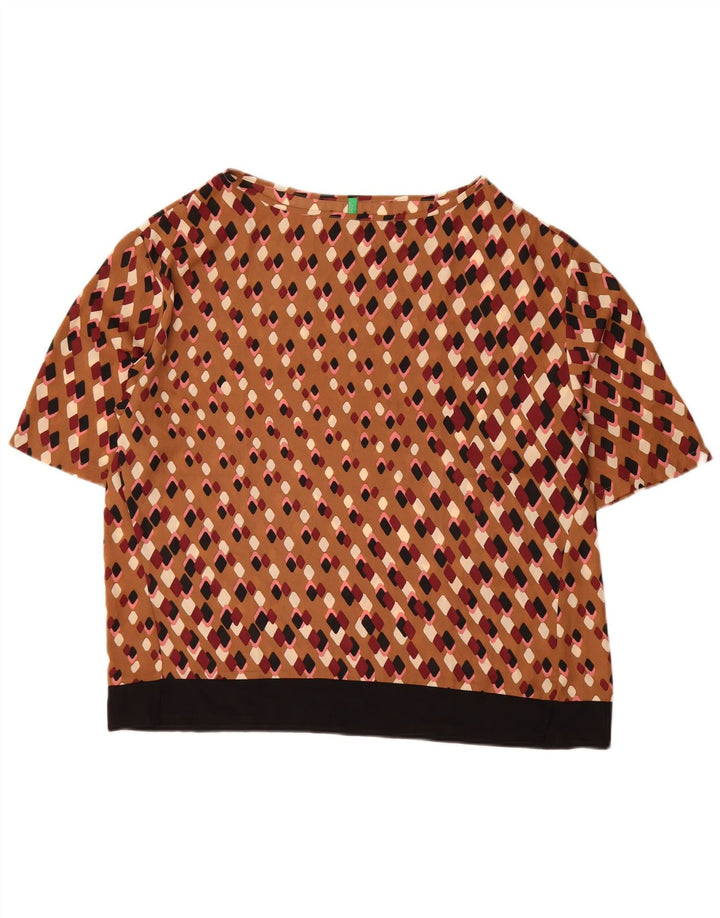 Benetton Damebluse Top UK 16 Stor Brun Geometrisk