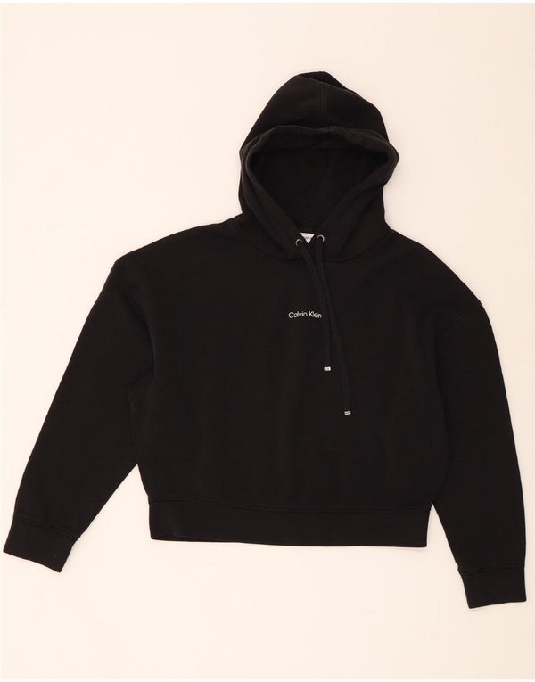 Calvin Klein Dame Oversized Crop Hoodie Jumper UK 14 Medium Sort Bomuld