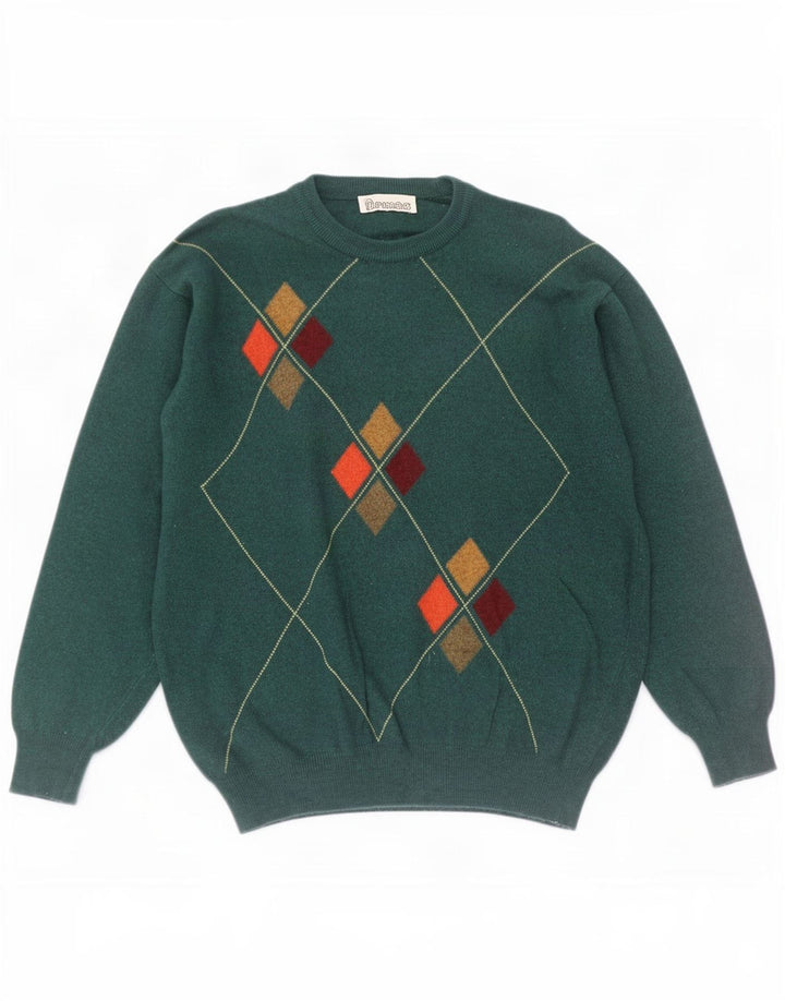 Vintage Herre Crew Neck Jumper Sweater Medium Green Argyle/Diamond