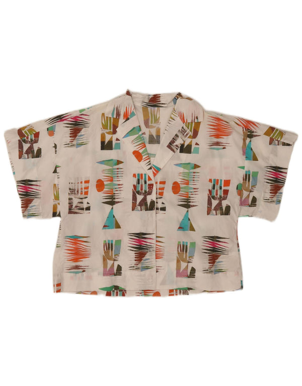 Vintage kvinders kortærmet skjortebluse UK 10 Lille hvid geometrisk bomuld