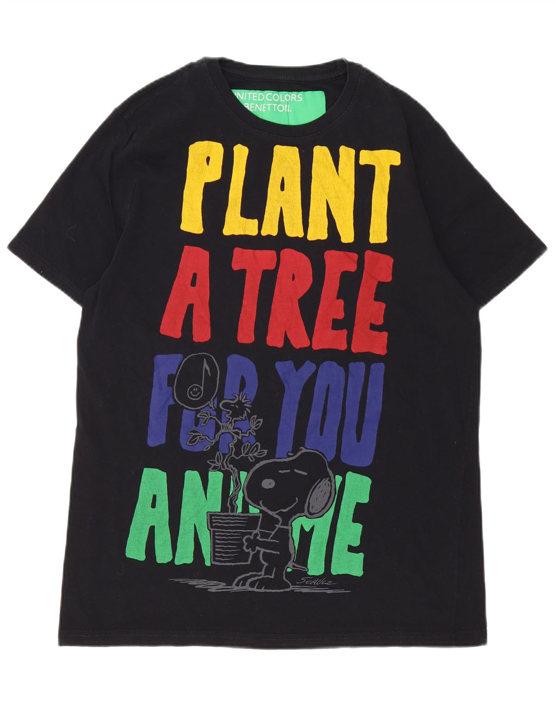 Benetton Herre Peanuts Grafisk T-Shirt Top Stor Sort Bomuld