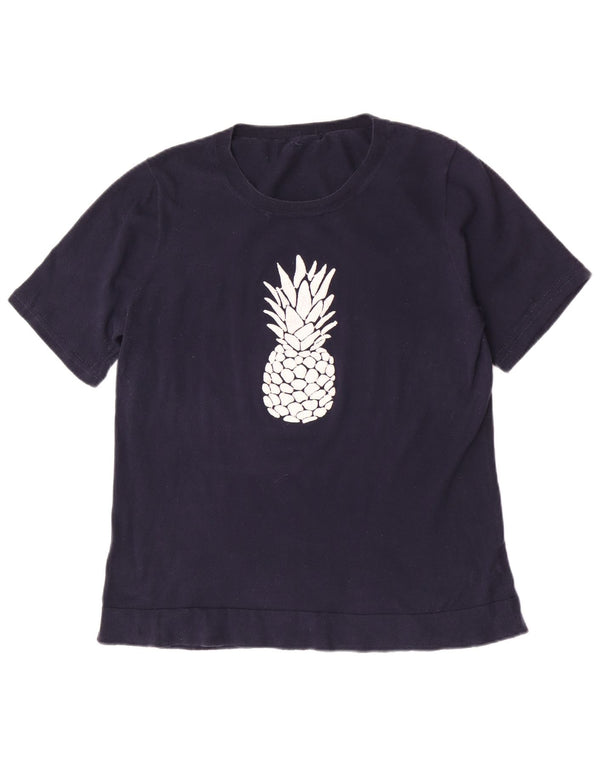 Vintage Dame Grafisk T-Shirt Top UK 10 Small Navy Blue Bomuld