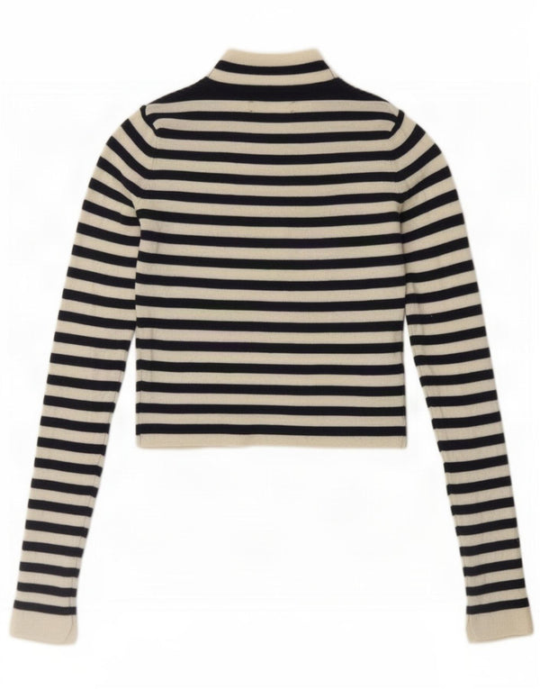 Zara Womens Crop Top Langærmet UK 10 Small Navy Blue Stribet Nylon
