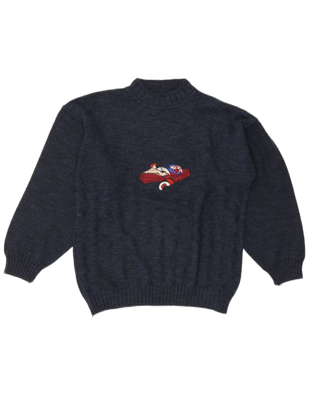 Vintage herre grafisk skildpadde hals sweater stor marineblå