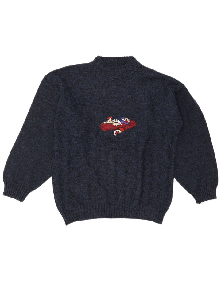 Vintage herre grafisk skildpadde hals sweater stor marineblå
