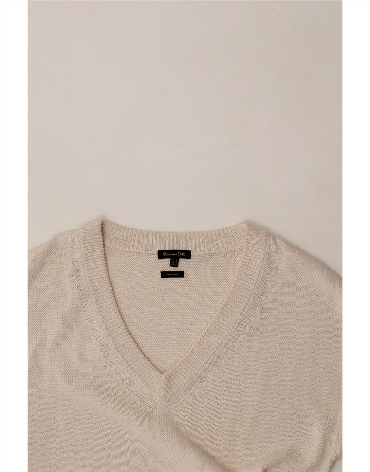 MASSIMO DUTTI Womens Short Sleeve V-Neck Jumper Sweater UK 14 Medium Beige Vintage Massimo Dutti and Second-Hand Massimo Dutti from Messina Hembry 