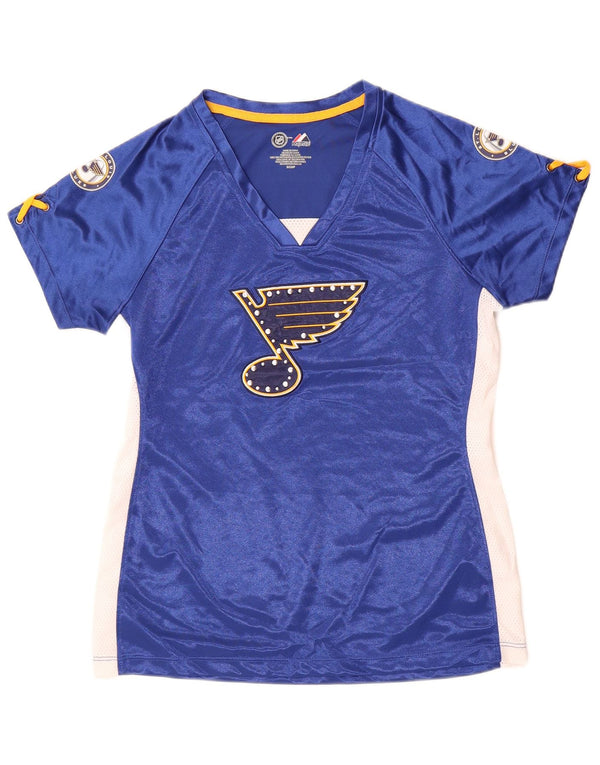 MAJESTIC Dame St. Louis Blues Grafisk T-Shirt Top UK 10 Lille Blå