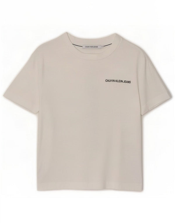 Calvin Klein Jeans Grafisk T-shirt top til kvinder UK 14 Medium White Cotton