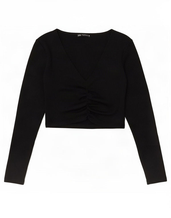 Zara Womens Crop Top Langærmet UK 12 Medium Sort Polyester