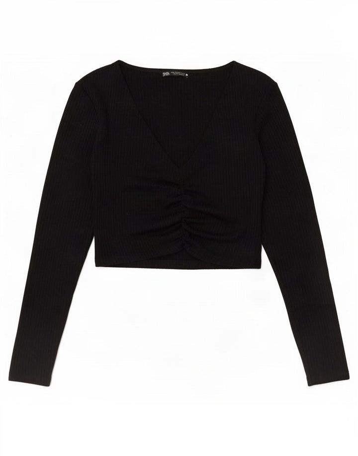 Zara Womens Crop Top Langærmet UK 12 Medium Sort Polyester
