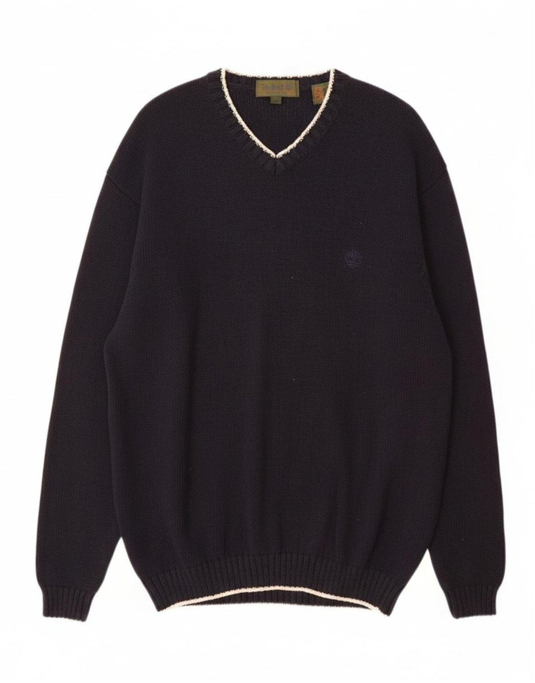 TIMBERLAND Mens V-Neck Jumper Sweater Large Navy Blue Cotton
