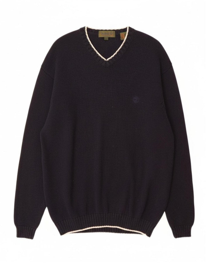 TIMBERLAND Mens V-Neck Jumper Sweater Large Navy Blue Cotton