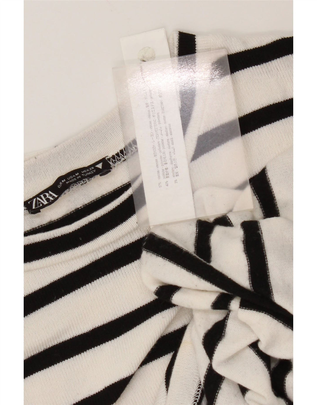 Zara Dame Top Langærmet UK 14 Medium Hvid Stribet Viscose