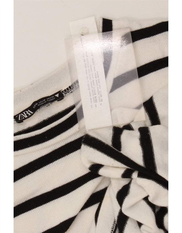 Zara Dame Top Langærmet UK 14 Medium Hvid Stribet Viscose