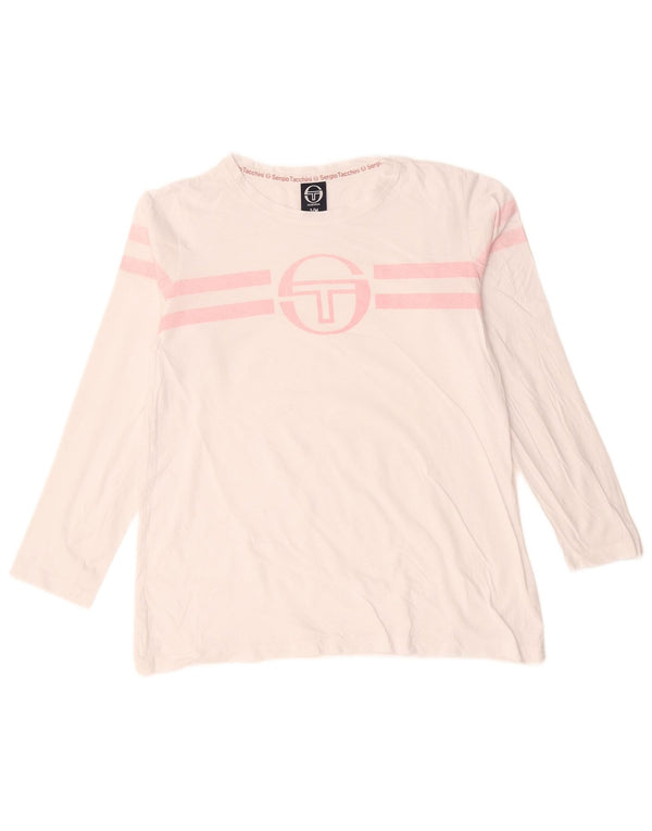 Sergio Tacchini Dame Grafisk Top Langærmet UK 14 Medium Hvid Stribet
