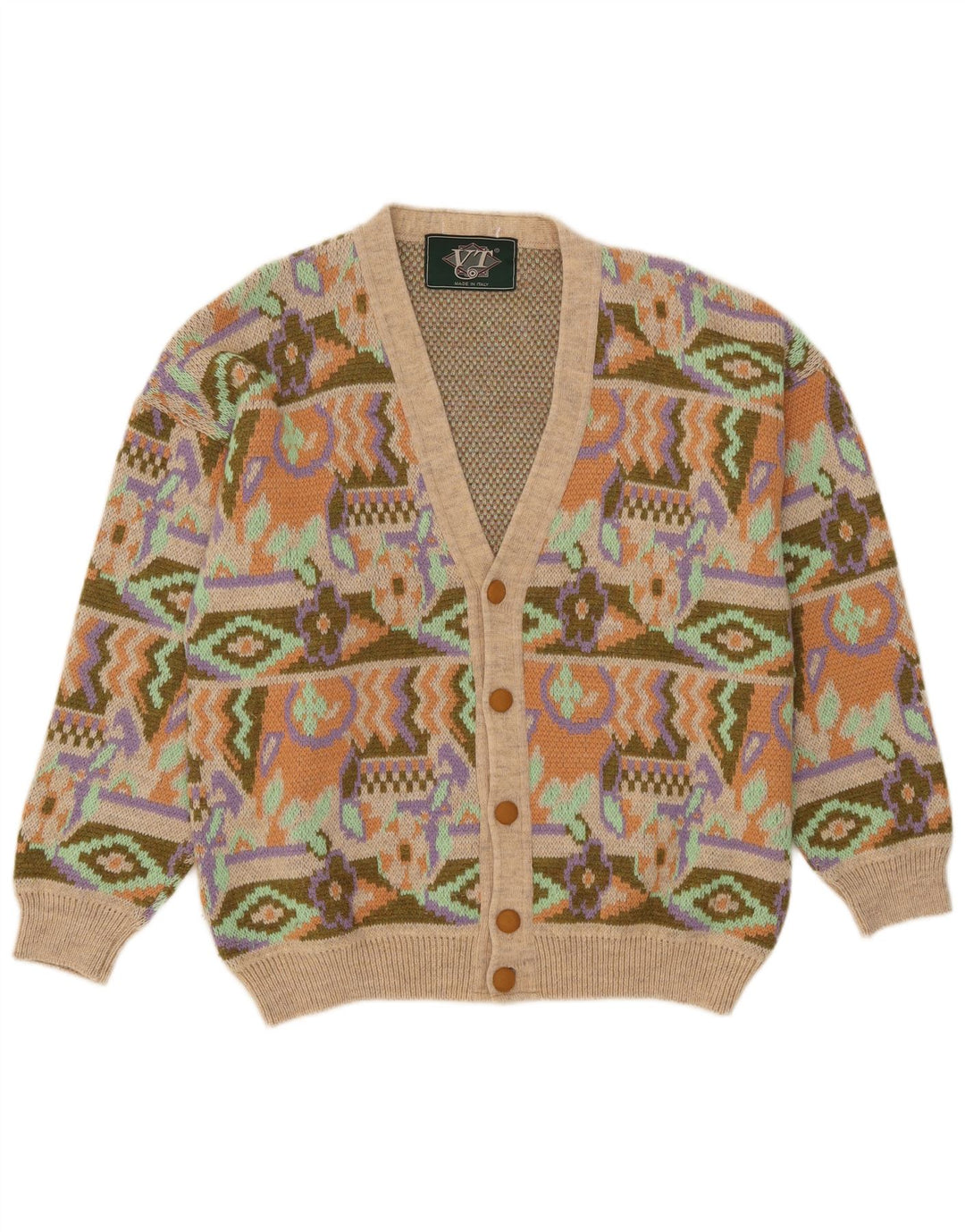 Vintage herre cardigan sweater medium flerfarvet geometrisk akryl