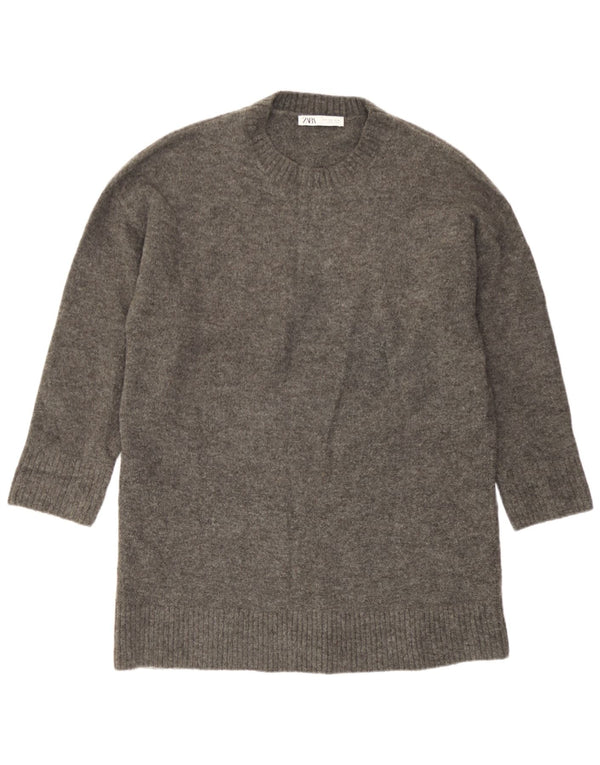 Zara Womens Longline Loose Fit Crew Neck Jumper Sweater UK 10 Small Grey