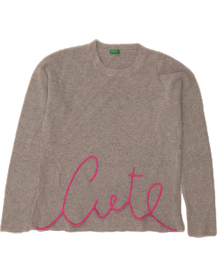BENETTON Womens Graphic Crew Neck Jumper Sweater UK 14 Medium Grey Vintage Benetton and Second-Hand Benetton from Messina Hembry 
