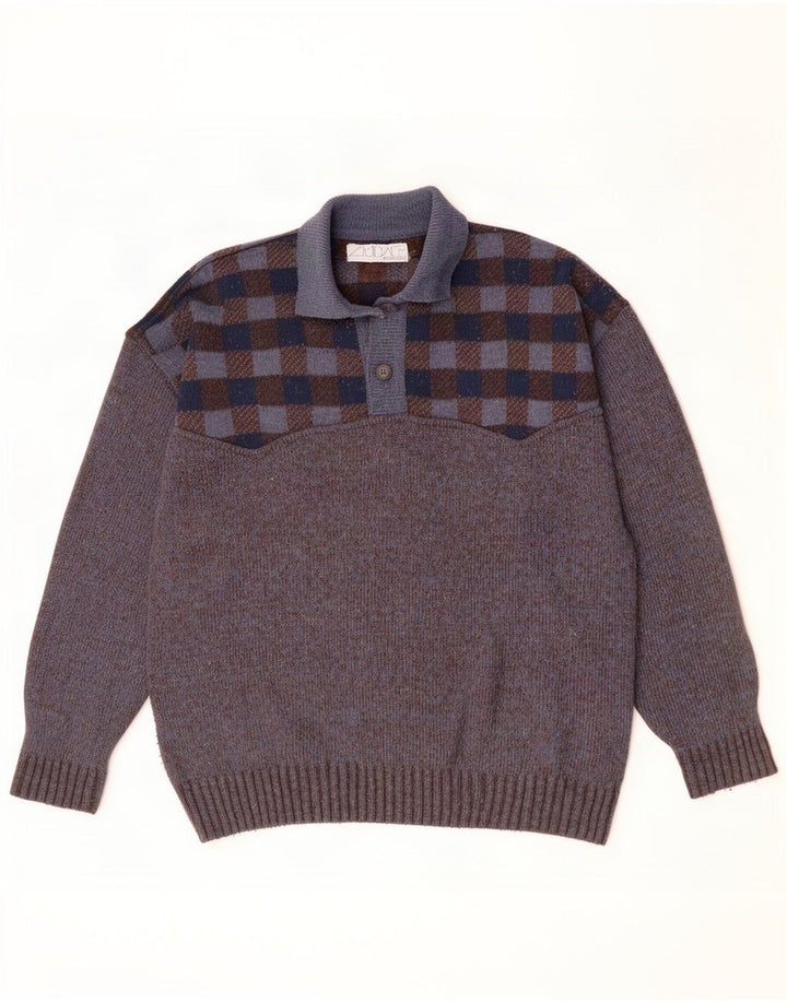 Vintage herre polo hals sweater stor grå ternet uld
