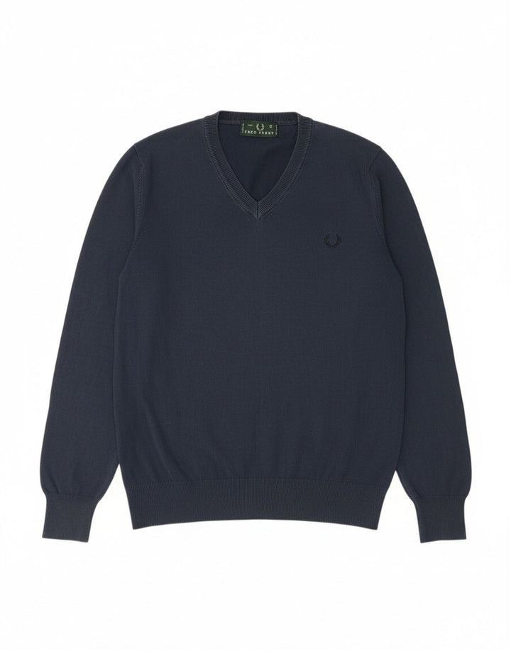 FRED PERRY Womens V-Neck Jumper Sweater UK 14 Medium Navy Blue