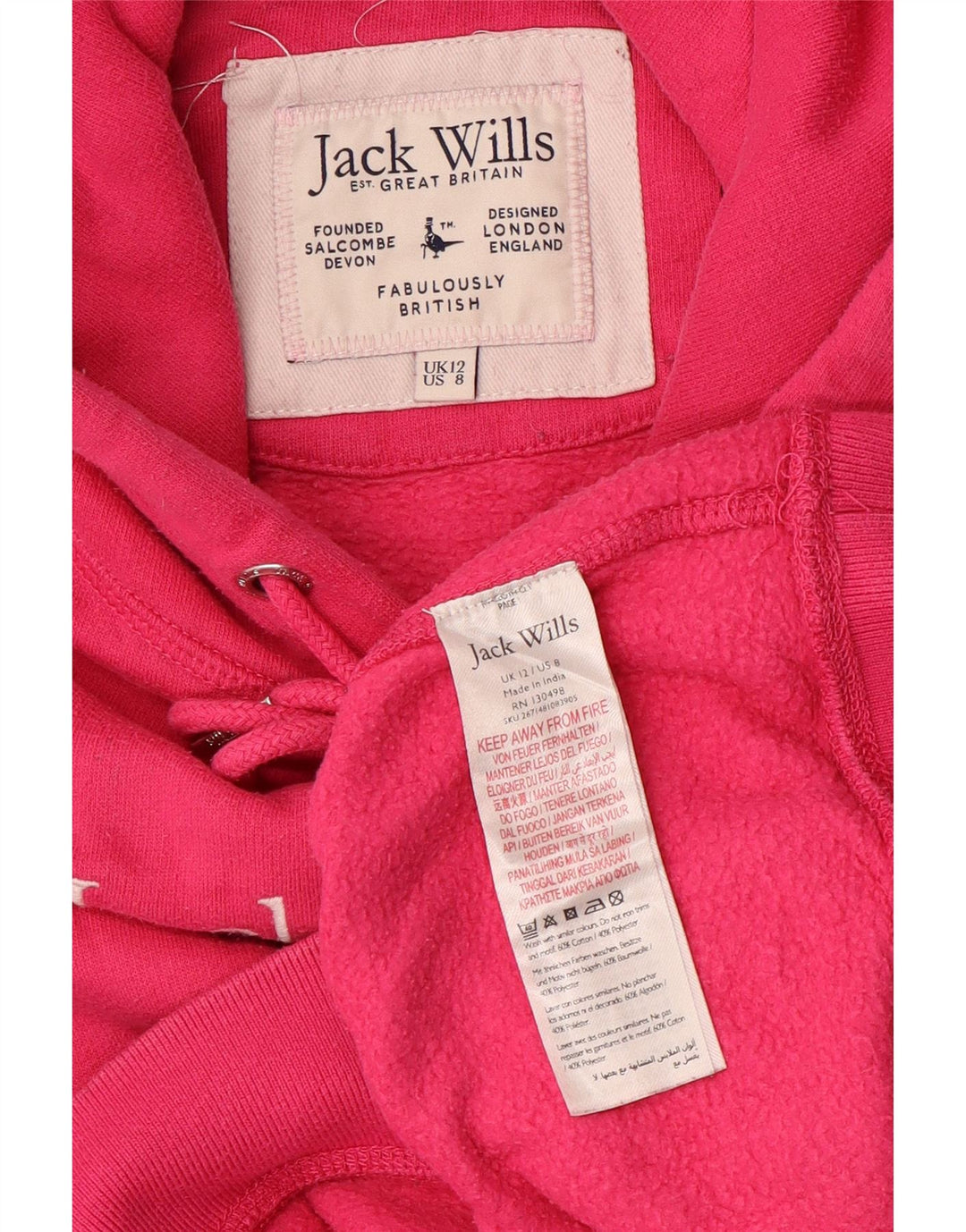 JACK WILLS Dame Oversized Crop Grafisk Hoodie Jumper UK 12 Medium Pink