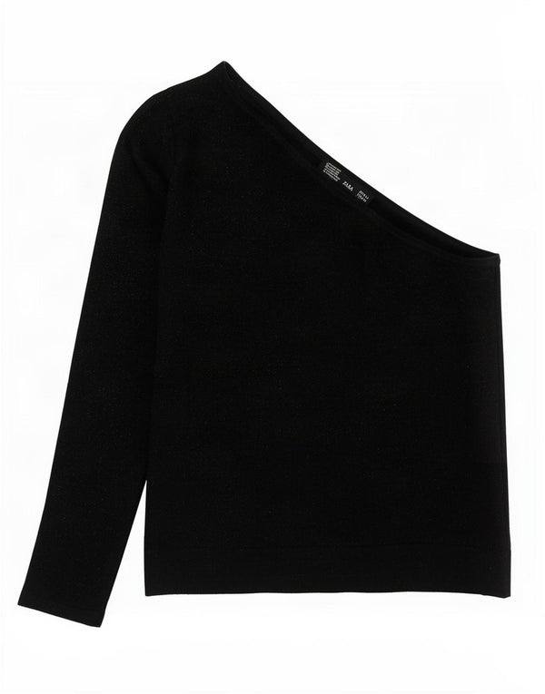 Zara Womens Crop One Shoulder Top UK 12 Medium Black Flecked Bomuld