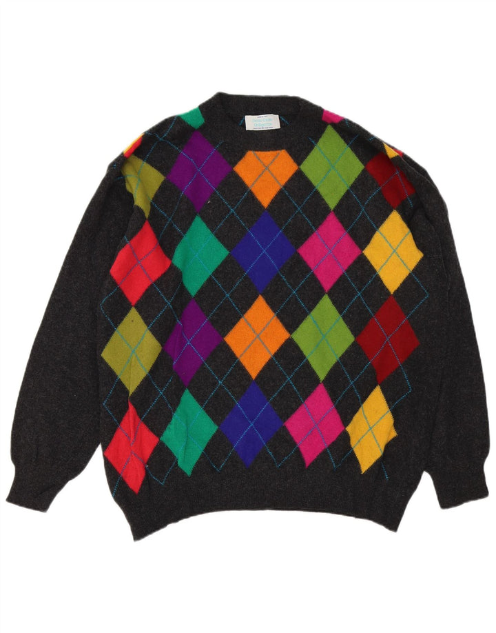Benetton Herre Crew Neck Jumper Sweater IT 50 Medium Grey Argyle/Diamond